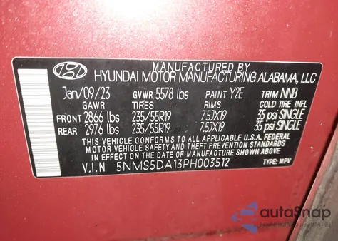 2023 Hyundai Santa Fe Hybrid Limited from USA, damaged, VIN 5NMS5DA13PH003512